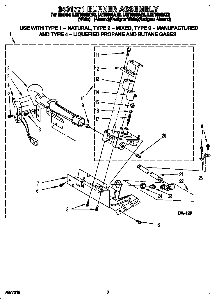 Whirlpool LGT8858AZ2 3401771 burner assembly diagram