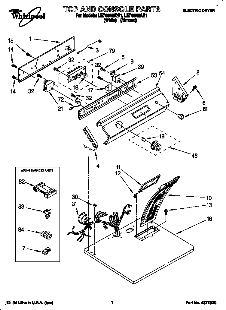 Whirlpool LEP6646AN1 top and console diagram
