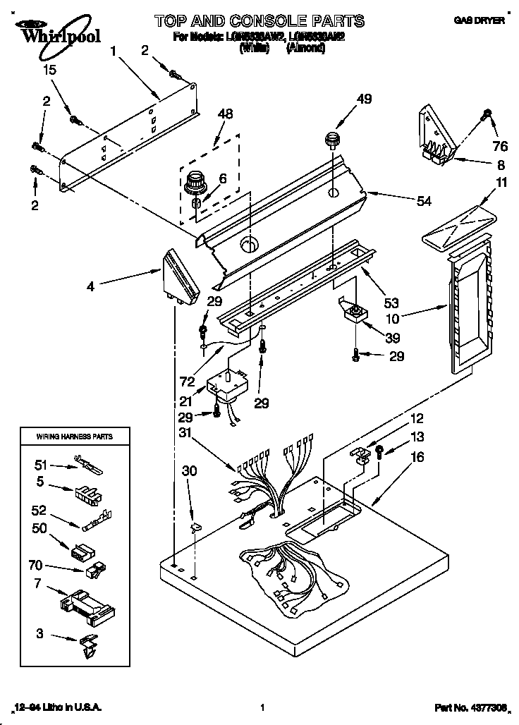 Whirlpool LGR5638AN2 top and console diagram