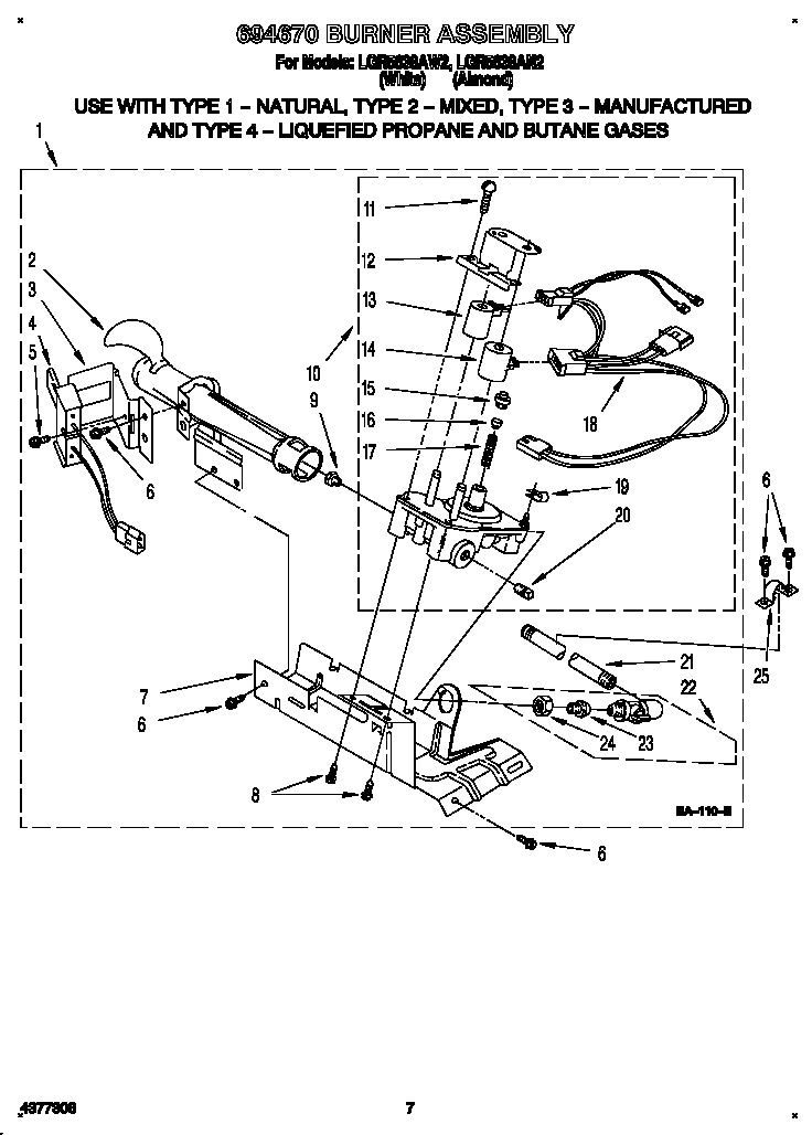 Whirlpool LGR5638AN2 694670 burner assembly diagram