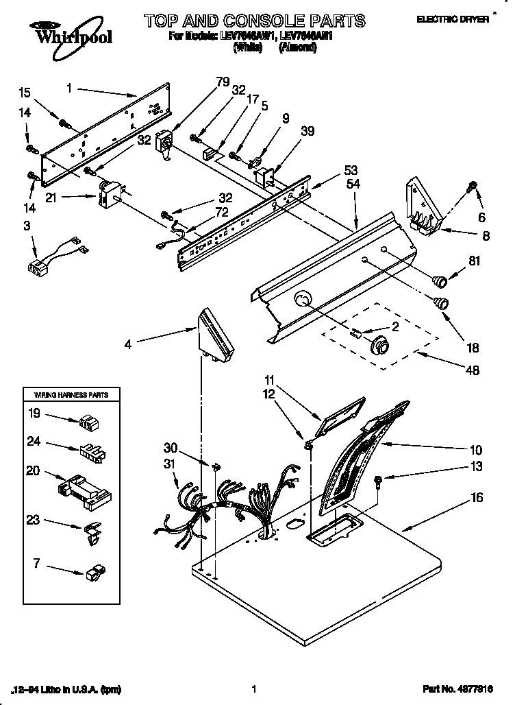 Whirlpool LEV7646AW1 top and console diagram