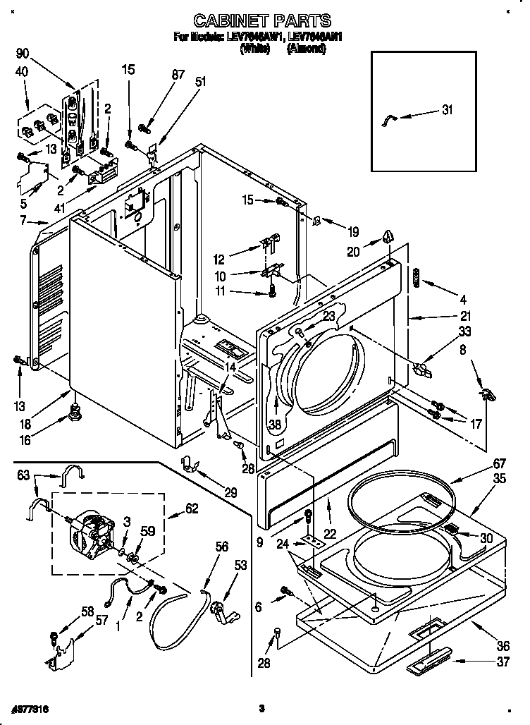 Whirlpool LEV7646AW1 cabinet diagram