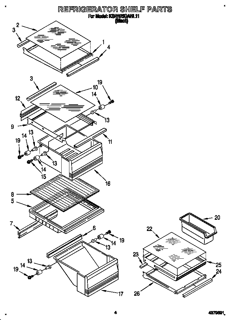 KitchenAid KSRB25QABL11 refrigerator shelf diagram