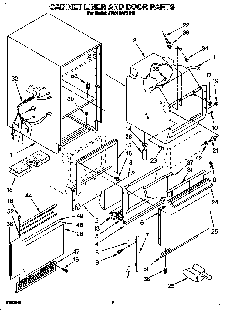 Whirlpool JT051CAE1612 cabinet liner and door diagram