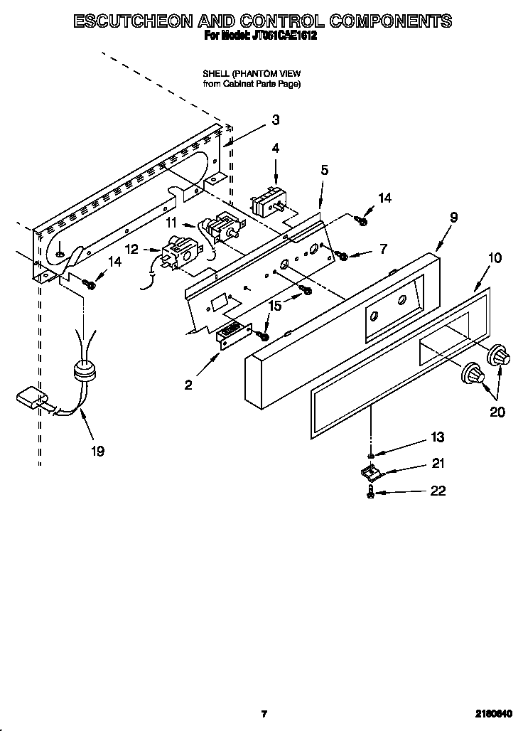 Whirlpool JT051CAE1612 escutcheon and control components diagram