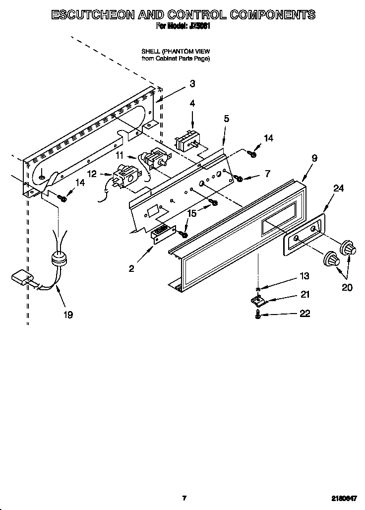 Whirlpool JZ5061 escutcheon and control components diagram