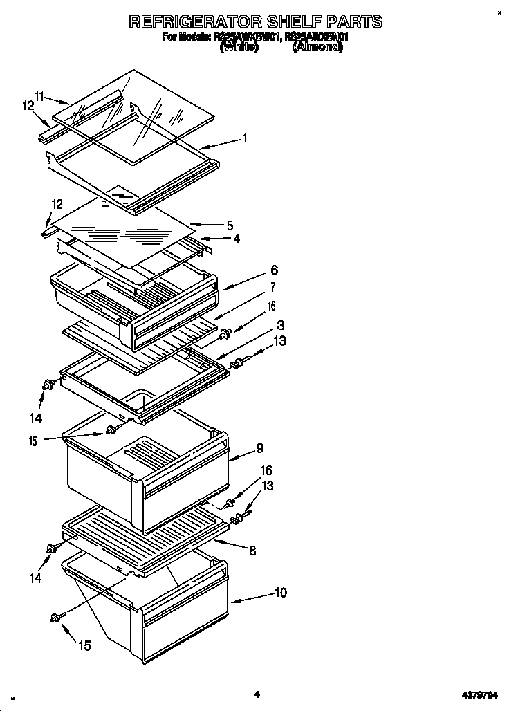 Roper RS25AWXBW01 refrigerator shelf diagram
