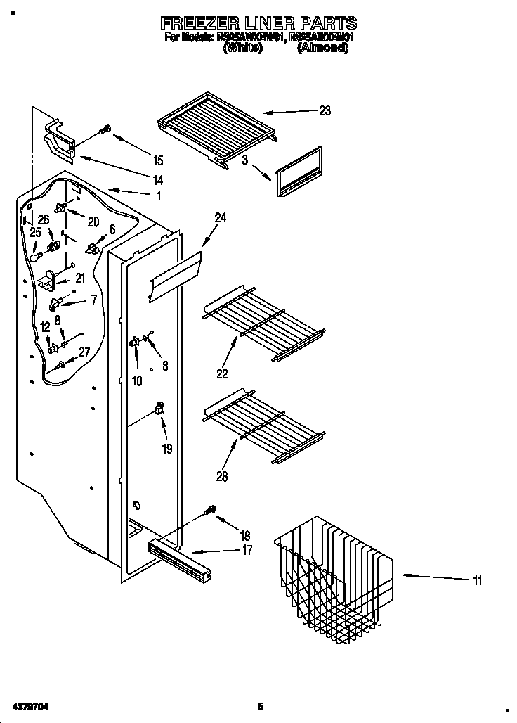 Roper RS25AWXBW01 freezer liner diagram