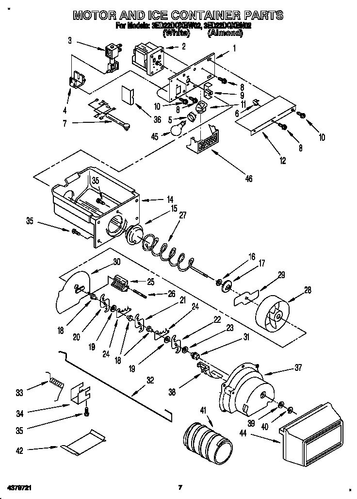Whirlpool 3ED22DQXBN02 motor and ice container diagram