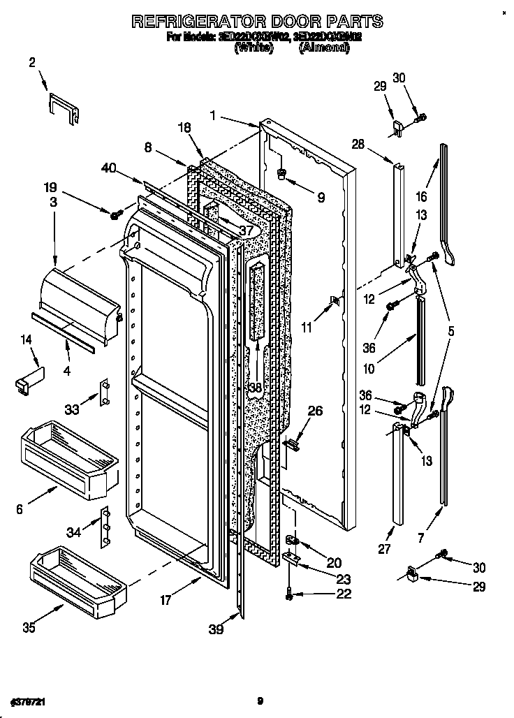 Whirlpool 3ED22DQXBN02 refrigerator door diagram