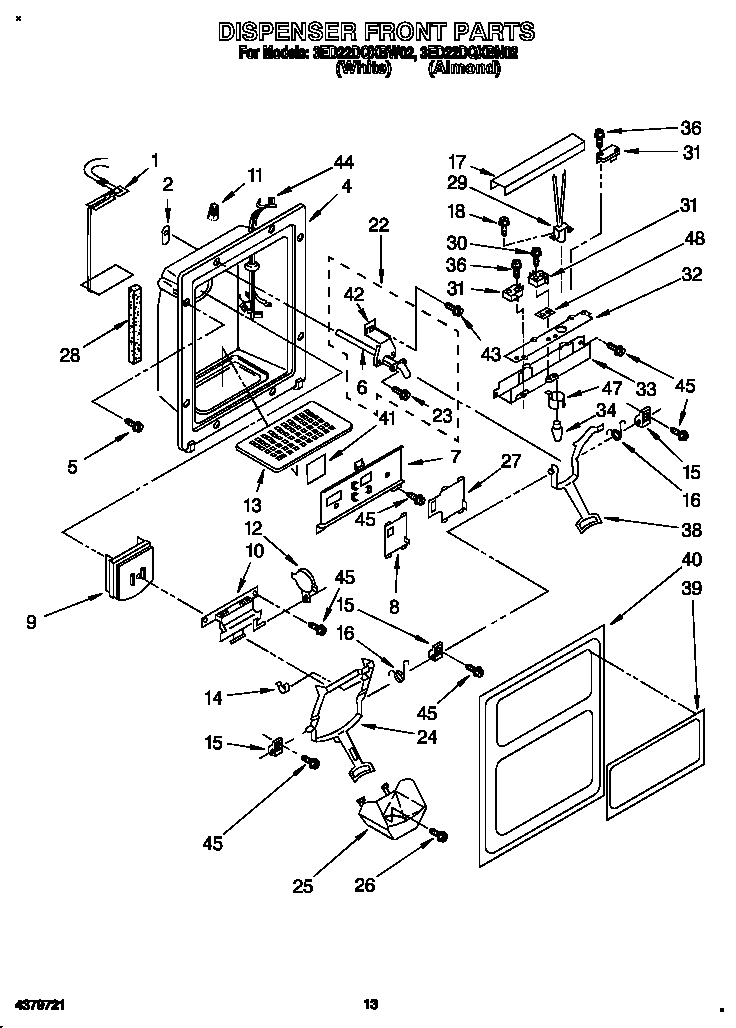 Whirlpool 3ED22DQXBN02 dispenser front diagram