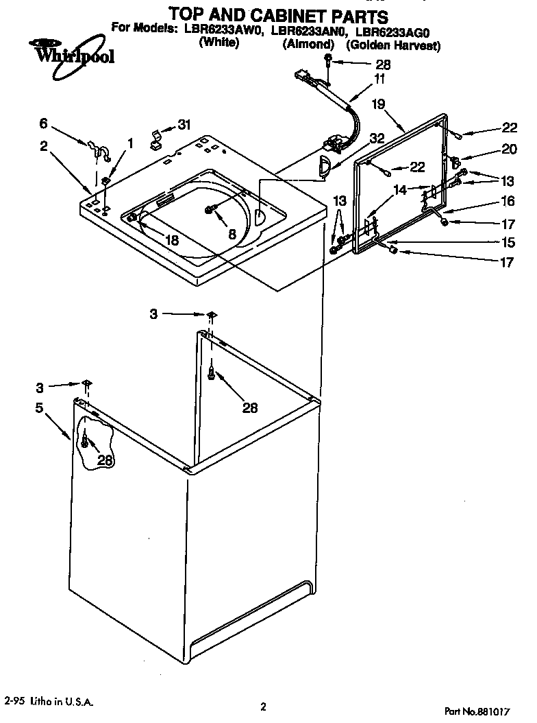 Whirlpool LBR6233AW0 top and cabinet diagram