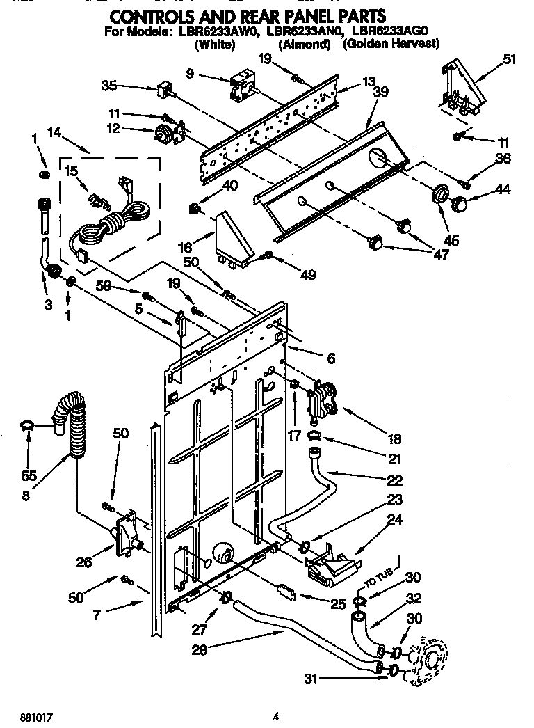 Whirlpool LBR6233AW0 controls and rear panel diagram