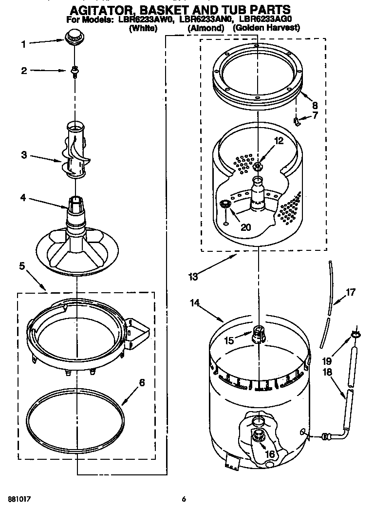 Whirlpool LBR6233AW0 agitator, basket and tub diagram