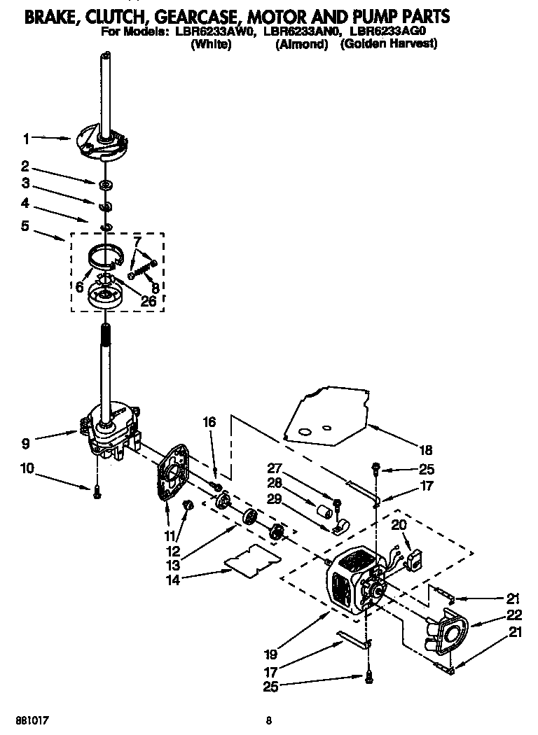 Whirlpool LBR6233AW0 brake, clutch, gearcase, motor and pump diagram