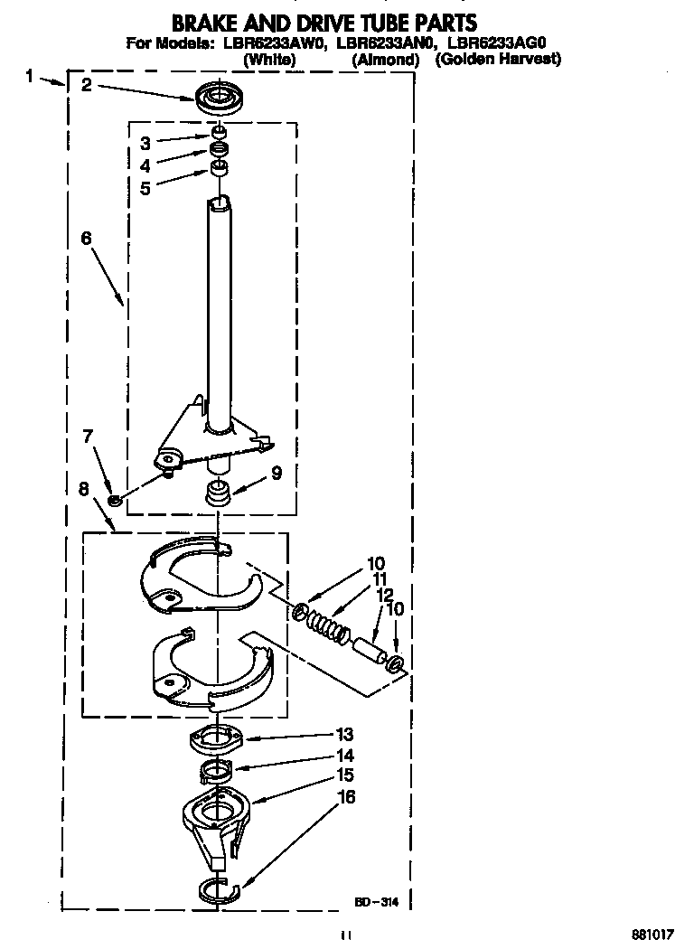 Whirlpool LBR6233AW0 brake and drive tube diagram