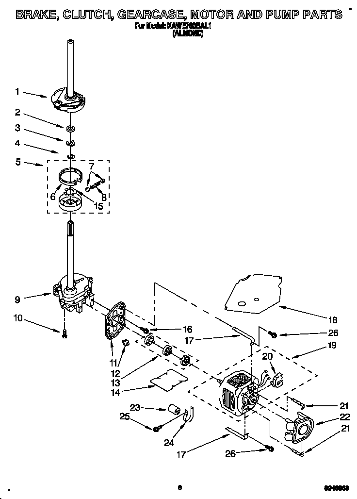 KitchenAid KAWE768BAL1 brake, clutch, gearcase, motor and pump diagram