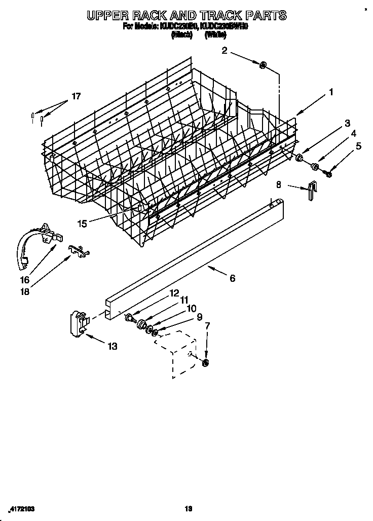KitchenAid KUDC230B0 upper rack and track diagram