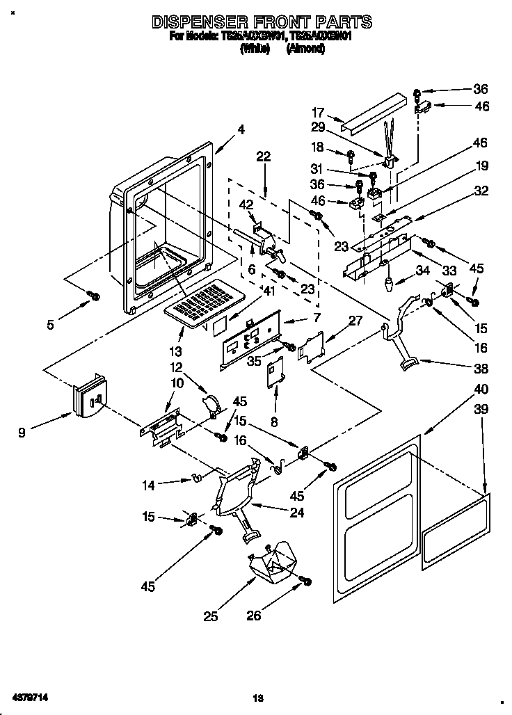 Estate TS25AQXBW01 dispenser front diagram