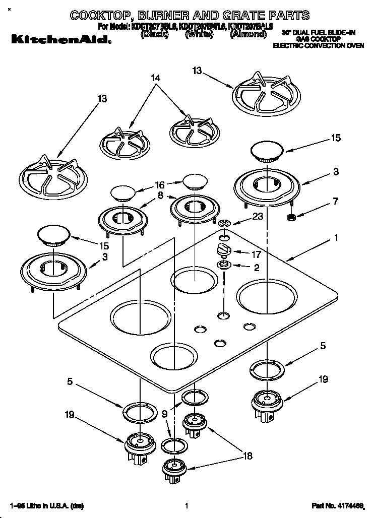 KitchenAid KDDT207BAL6 cooktop, burner and grate diagram