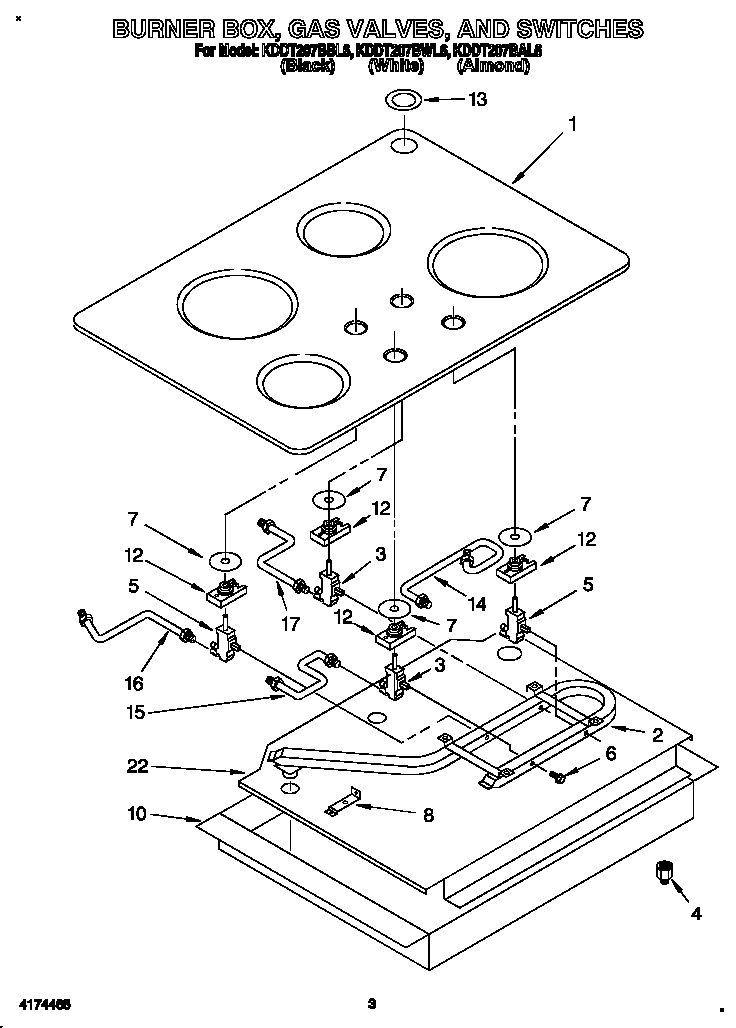 KitchenAid KDDT207BAL6 burner box, gas valves, and switches diagram