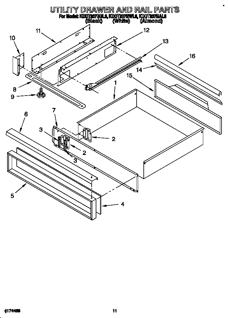 KitchenAid KDDT207BAL6 utility drawer and rail diagram