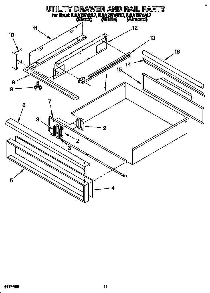 KitchenAid KDDT207BAL7 utility drawer and rail diagram