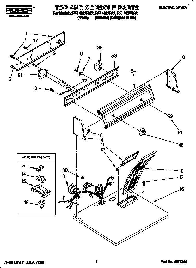 Roper REL4632BW2 top and console diagram