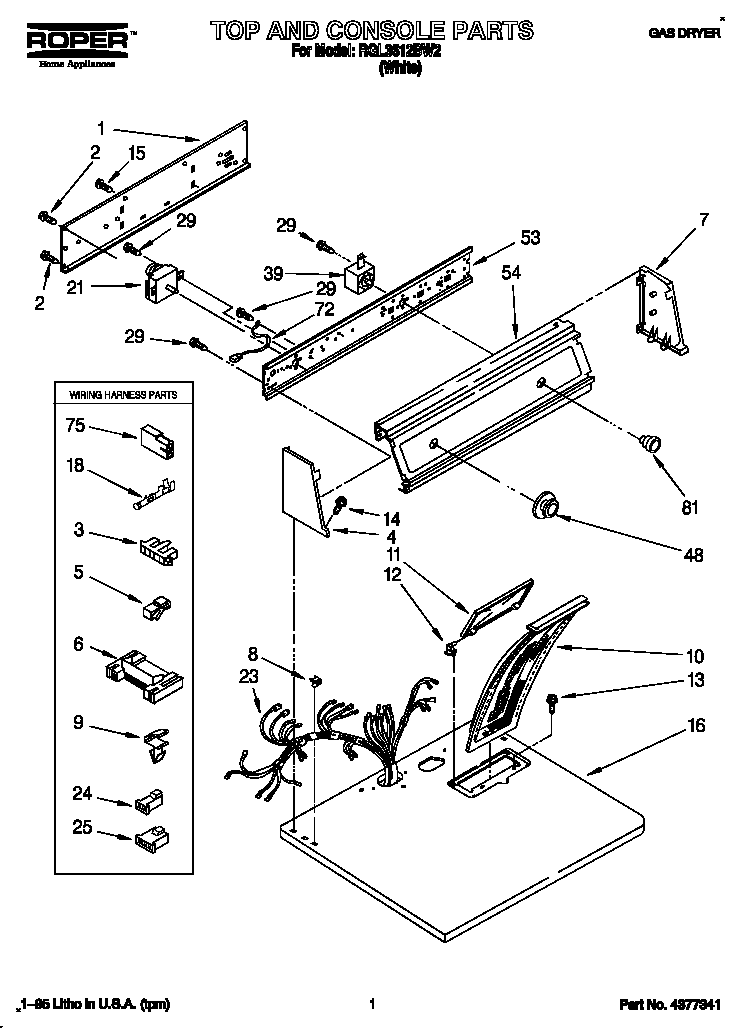 Roper RGL3612BW2 top and console diagram