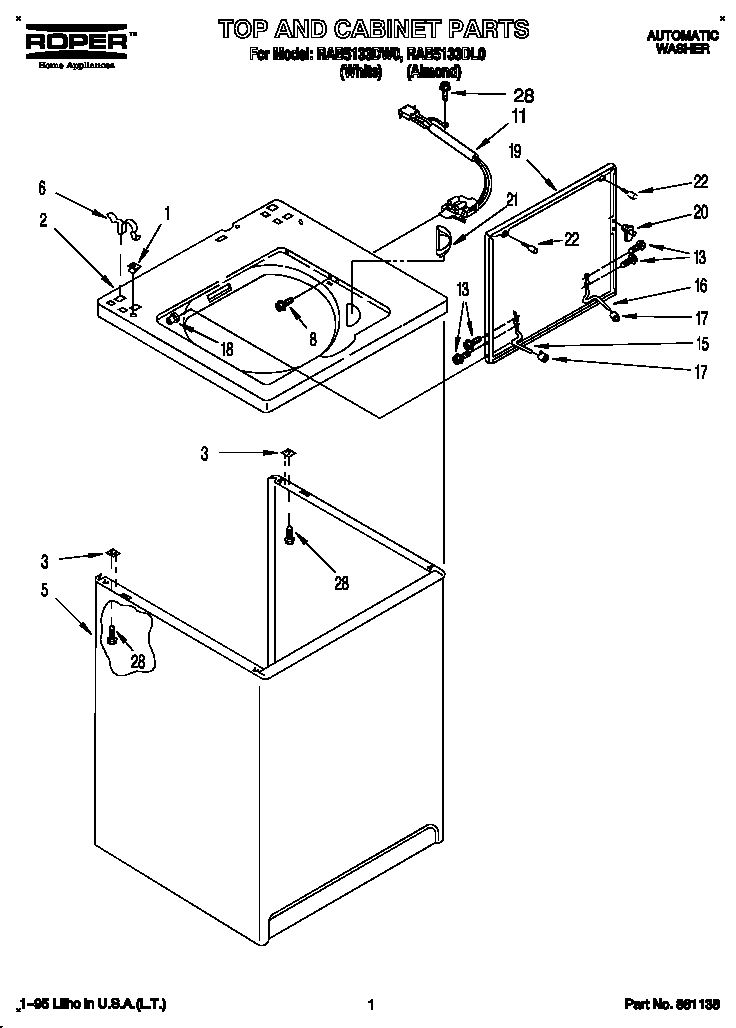 Roper RAB5133DL0 top and cabinet diagram
