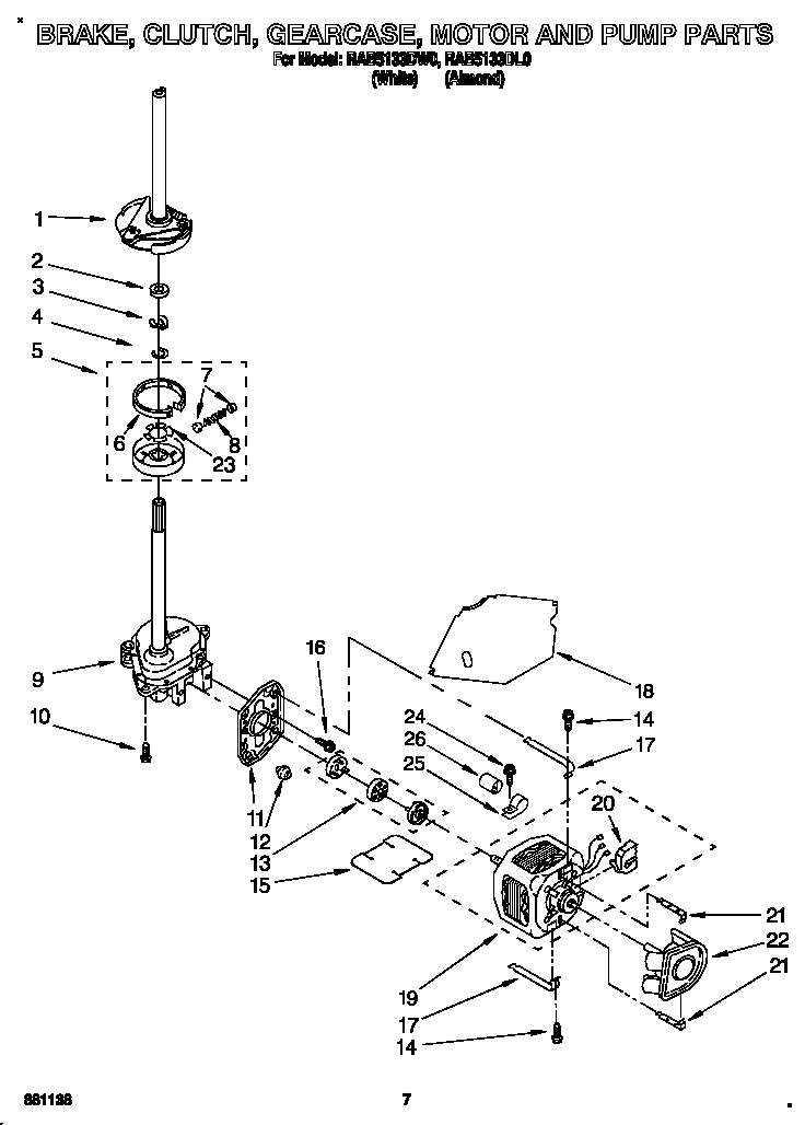 Roper RAB5133DL0 brake, clutch, gearcase, motor and pump diagram