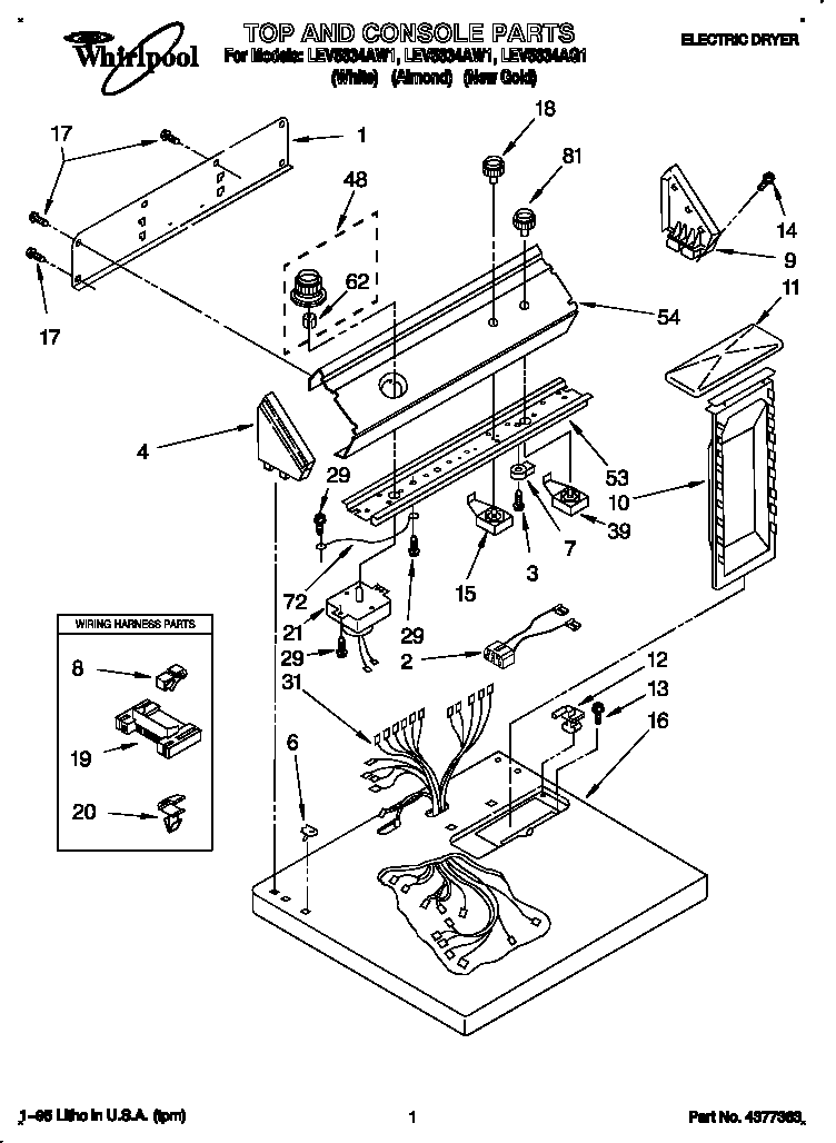Whirlpool LEV5634AG1 top and console diagram