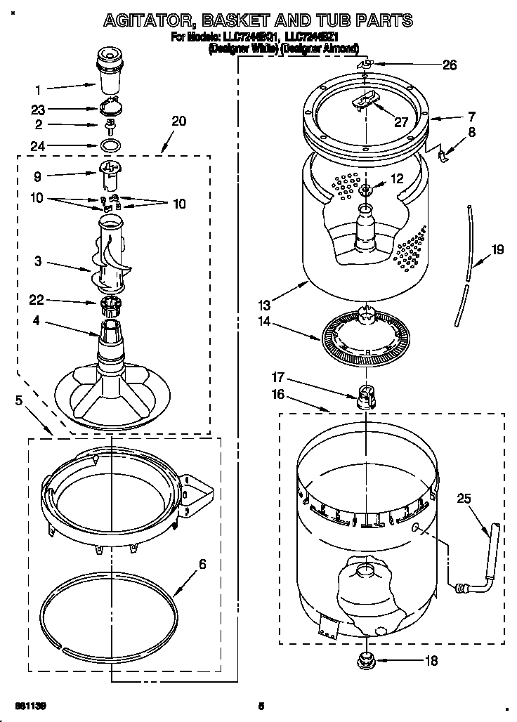 Whirlpool LLC7244BQ1 agitator, basket and tub diagram