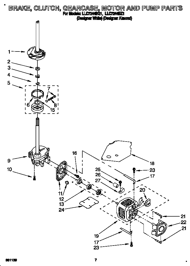 Whirlpool LLC7244BQ1 brake, clutch, gearcase, motor and pump diagram