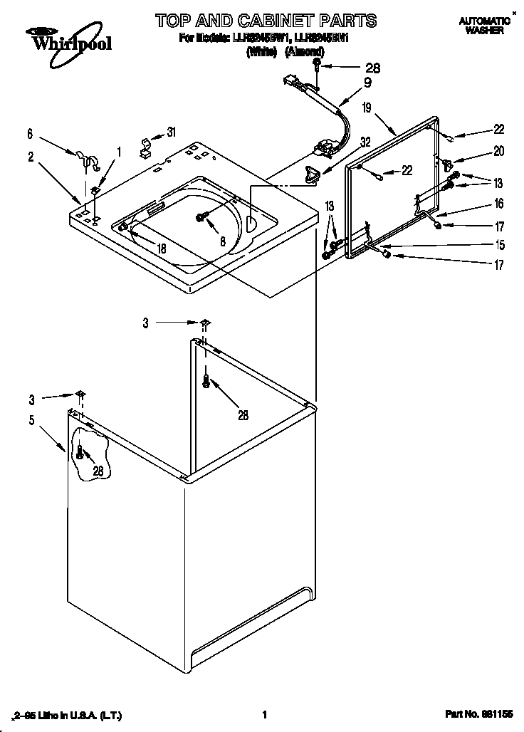 Whirlpool LLR8245BN1 top and cabinet diagram