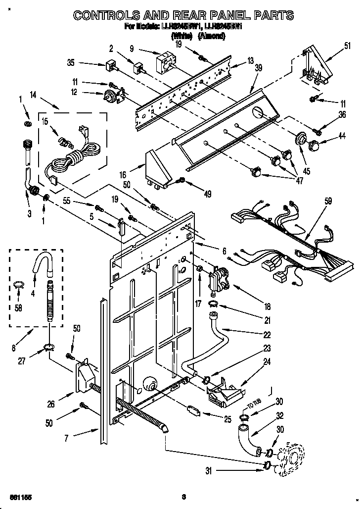 Whirlpool LLR8245BN1 controls and rear panel diagram
