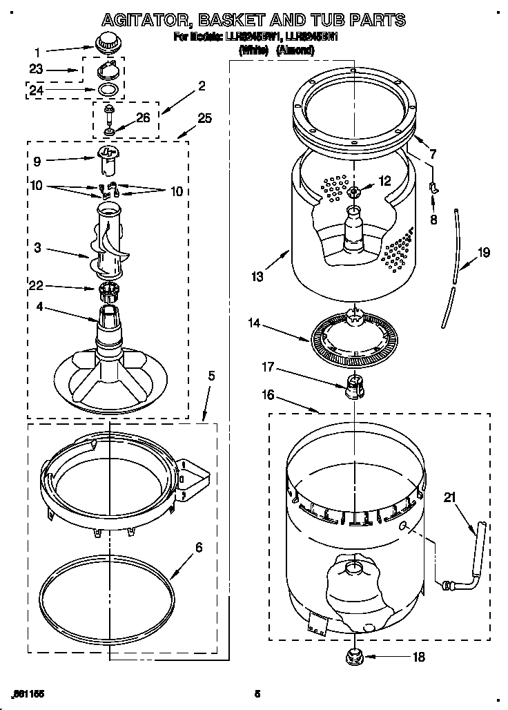 Whirlpool LLR8245BN1 agitator, basket and tub diagram