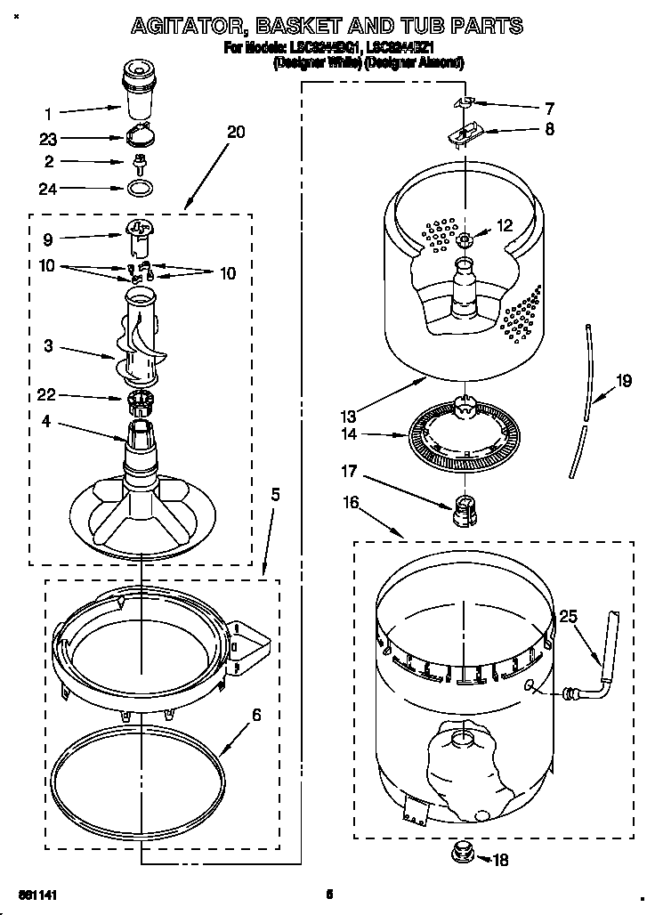 Whirlpool LSC8244BZ1 agitator, basket and tub diagram