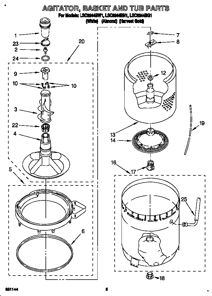 Whirlpool LSC8244BW1 agitator, basket and tub diagram