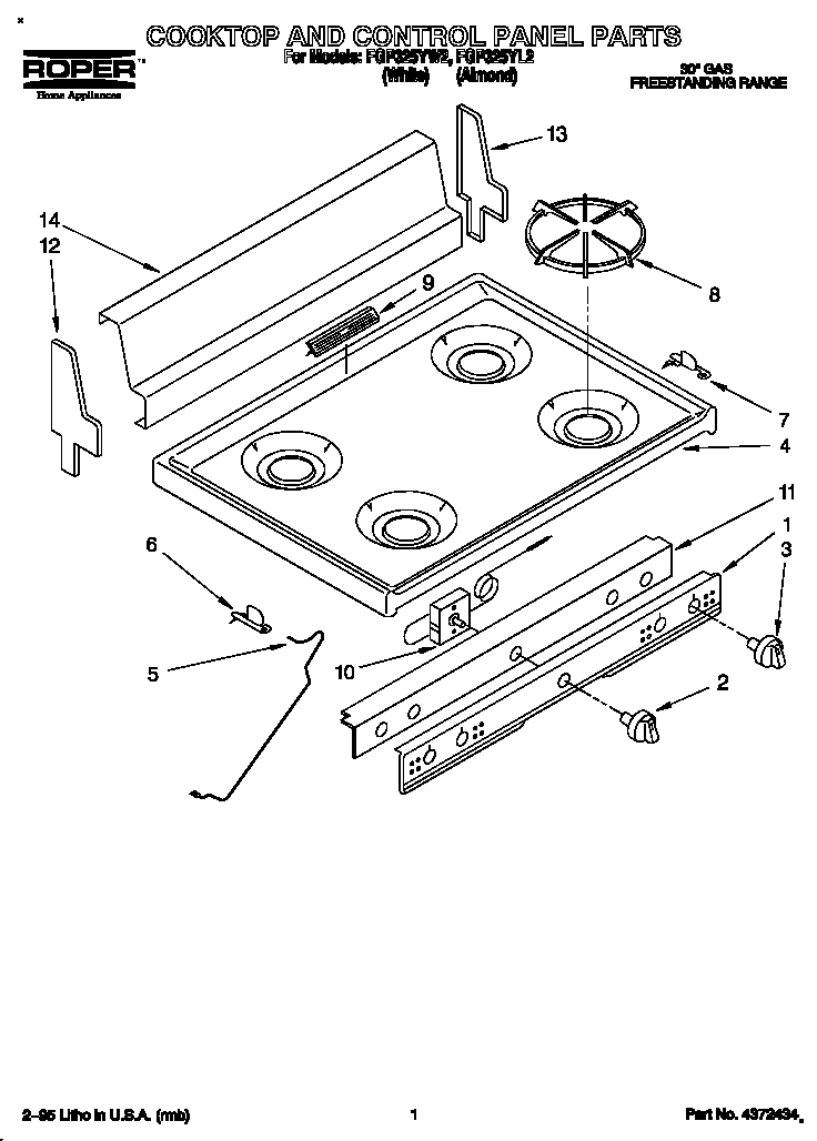 Roper FGP325YL2 cooktop and control panel diagram