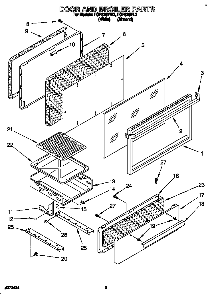 Roper FGP325YL2 door and broiler diagram