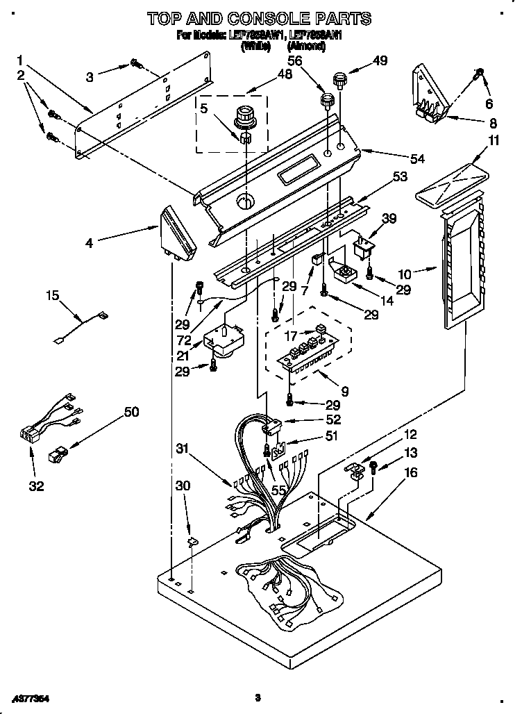 Whirlpool LEP7858AW1 top and console diagram