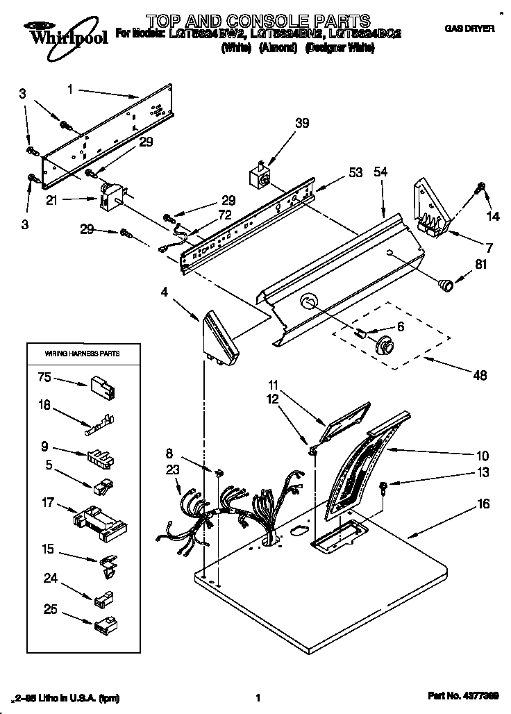 Whirlpool LGT5624BW2 top and console diagram