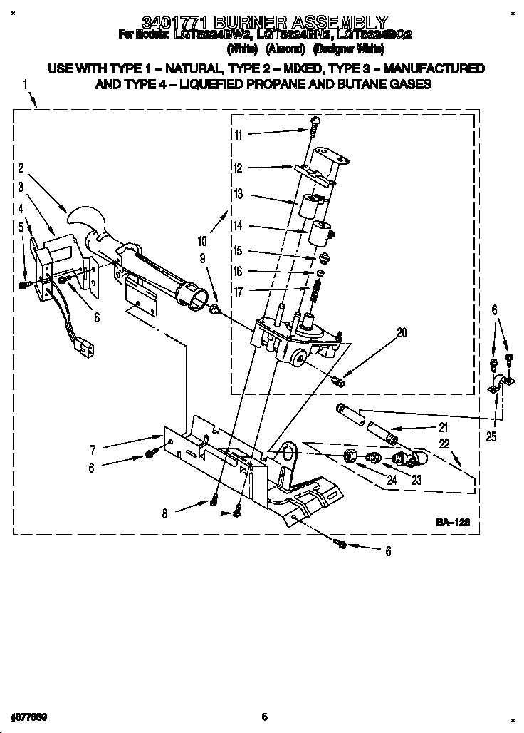 Whirlpool LGT5624BW2 3401771 burner assembly diagram