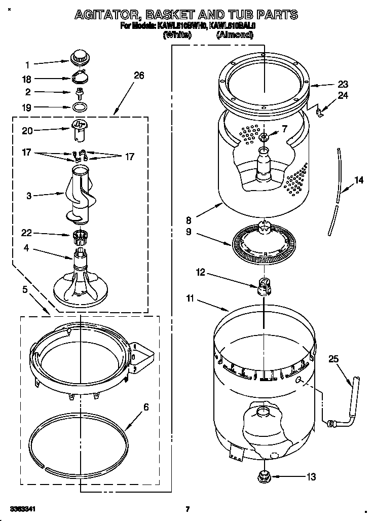 KitchenAid KAWL510BWH0 agitator, basket and tub diagram