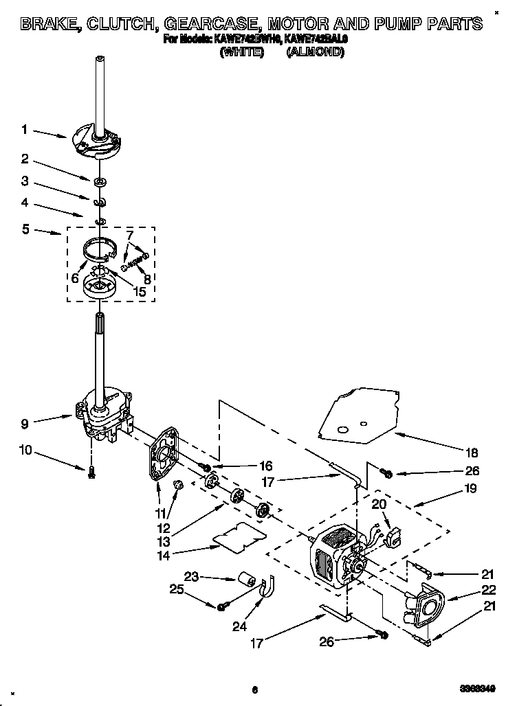 KitchenAid KAWE742BAL0 brake, clutch, gearcase, motor and pump diagram
