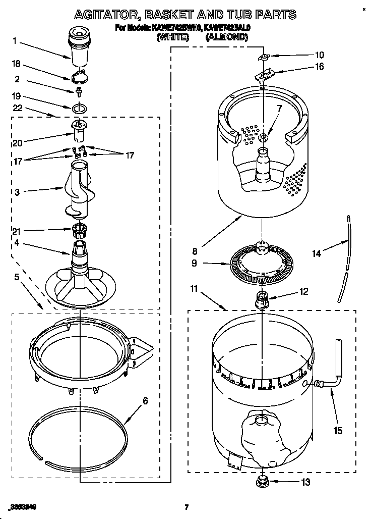 KitchenAid KAWE742BAL0 agitator, basket and tub diagram