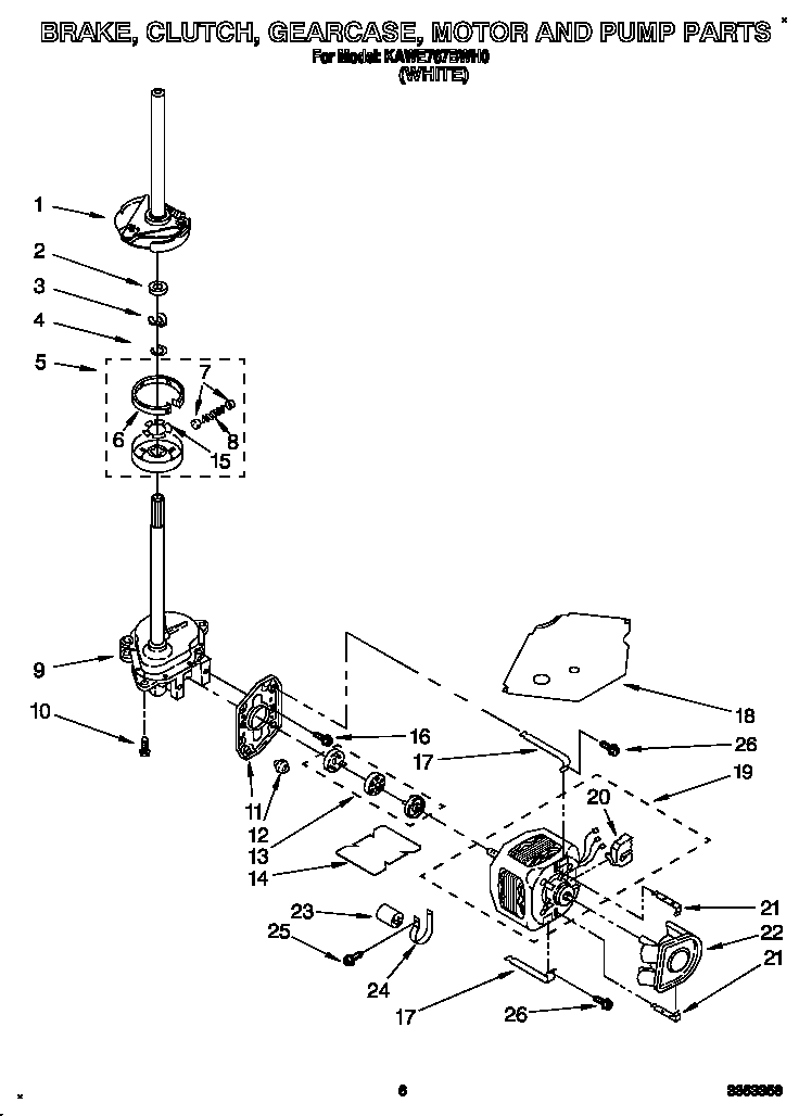 KitchenAid KAWE767BWH0 brake, clutch, gearcase, motor and pump diagram