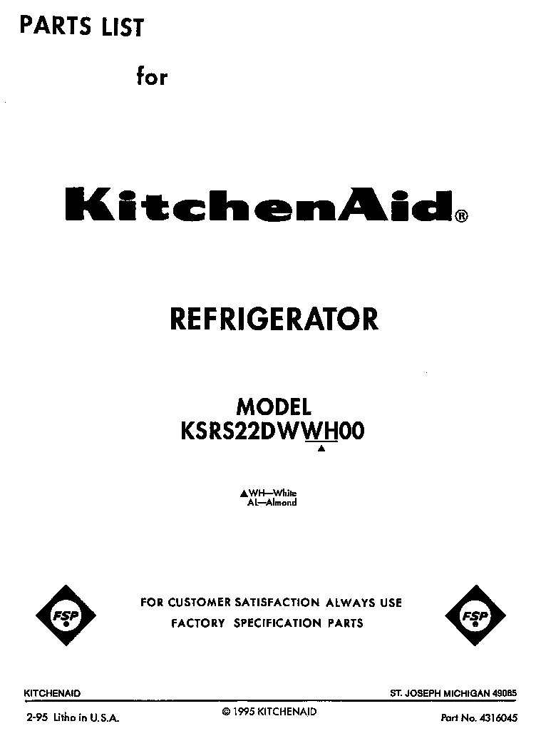 KitchenAid KSRS22DWWH00 front cover diagram