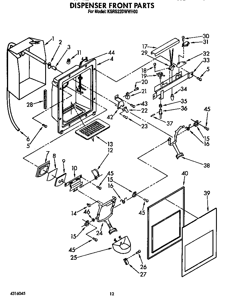 KitchenAid KSRS22DWWH00 dispenser front diagram